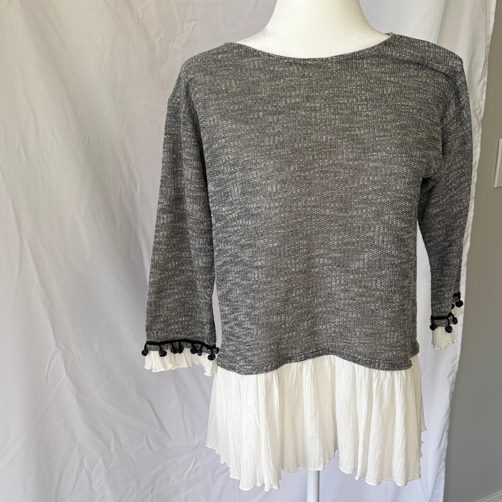 Gray and White Women's Sweater with Pom-Pom Detail